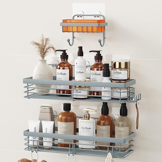 Orimade Adhesive Shower Caddy Soap Dish Holder Shelf with 5 Hooks Bathroom Organizer Basket Kitchen Storage Rack Wall Mounted No Drilling Stainless Steel - 3 Pack, Light Blue Grey
