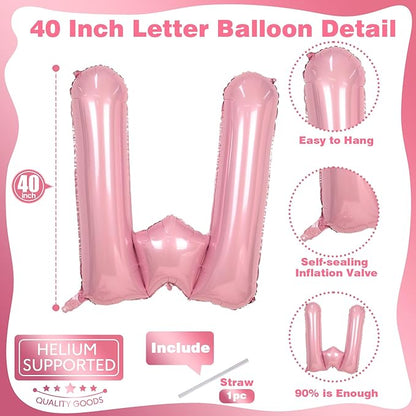 Pastel Pink W Balloon, 40 Inch Giant Baby Pink Mylar Helium Foil Letter W for Girls, Self Inflating Alphabet W Birthday Balloon for Women Anniversary Baby Shower Princess Party Decorations Supplies