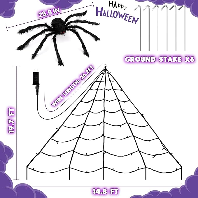 Halloween Decorations Outdoor, Halloween Spider Web Lights, 19.7FT 250 Purple LED Large Spiders Web with Plush Artificial Spider, 8 Light Modes Waterproof Lighted Decor for Yard, Haunted House