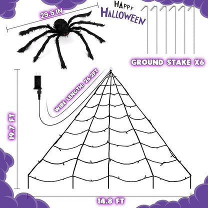 Halloween Decorations Outdoor, Halloween Spider Web Lights, 19.7FT 250 Purple LED Large Spiders Web with Plush Artificial Spider, 8 Light Modes Waterproof Lighted Decor for Yard, Haunted House
