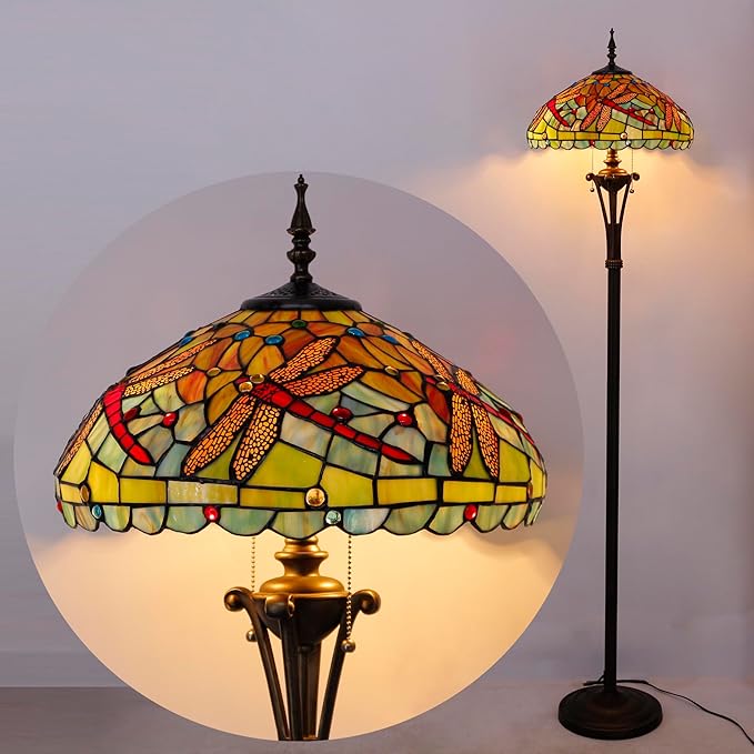 Tiffany Floor Lamp Green Red Stained Glass Dragonfly Standing Reading Light 16X16X70 Inches Antique Pole Corner Lamp Decor Bedroom Office Living Room