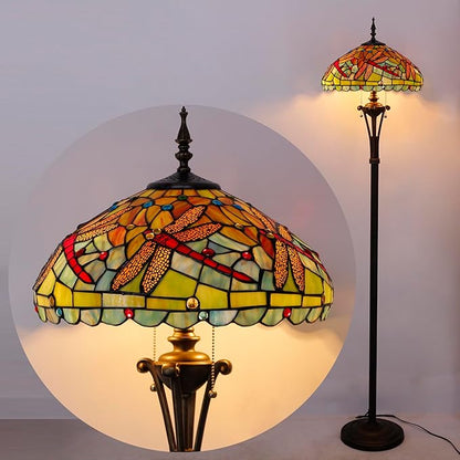 Tiffany Floor Lamp Green Red Stained Glass Dragonfly Standing Reading Light 16X16X70 Inches Antique Pole Corner Lamp Decor Bedroom Office Living Room