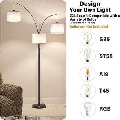 SUNMORY 3 Lights Floor Lamp for Living Room, 78" Tall Standing Lamp with Hanging Drum Shade, Modern Arc Floor Lamps with Heavy Base, Mid Century Arched Tree Floor Lamp for Bedroom, Office, Corner