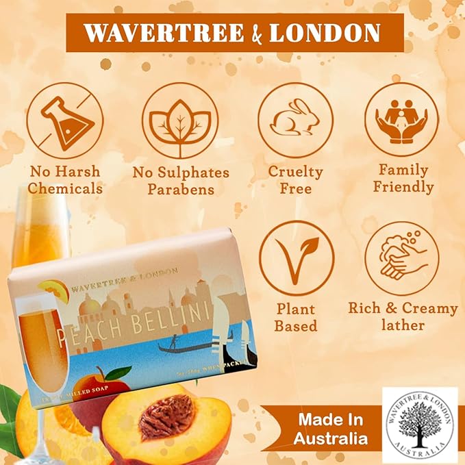 Wavertree & London Peach Bellini Scented Natural Soap (8 Bars), 7oz Moisturizing French Triple Milled Soap Bars enriched with shea butter - Pure Plant Oil Bath & Body Bars for All Skin Types