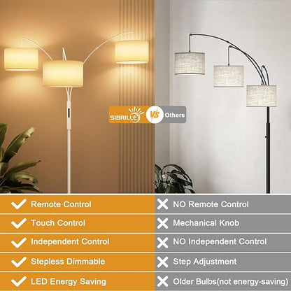 36W LED Arc Floor Lamp with 3 White Fabric Shades, 3001LM Super Bright Standing Lamp with Remote Control & Touch, Stepless Dimming, Individual Light Control for Living Room, Bedroom
