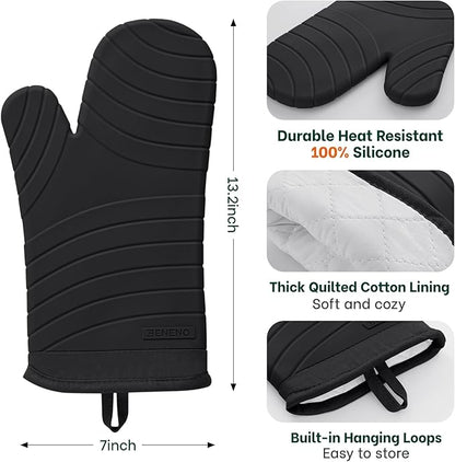 Beneno Premium Silicone Oven Mitts 2-Pack Heat Resistant 500°F, Soft Flexible Non-Slip Grips, BPA-Free & Waterproof Oven Mitts with Comfort Cotton Lining for Baking, Grilling, Cooking, 7"x13", Black