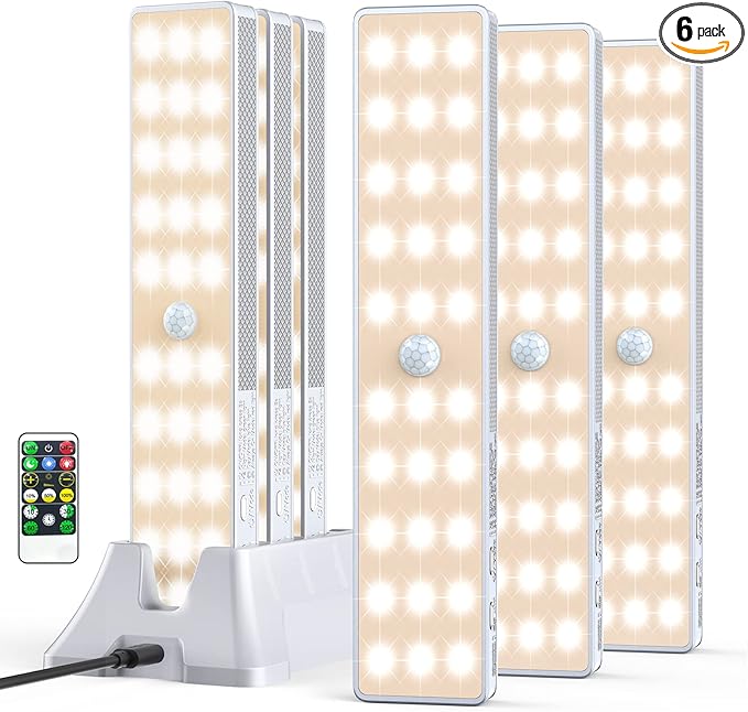 LED Closet Light with Charging Station, 6 Pcs 30LEDs Rechargeable Motion Sensor Under Cabinet Lighting, Stick-Anywhere Night Safe Light Bar for Wardrobe,Kitchen-Warm White