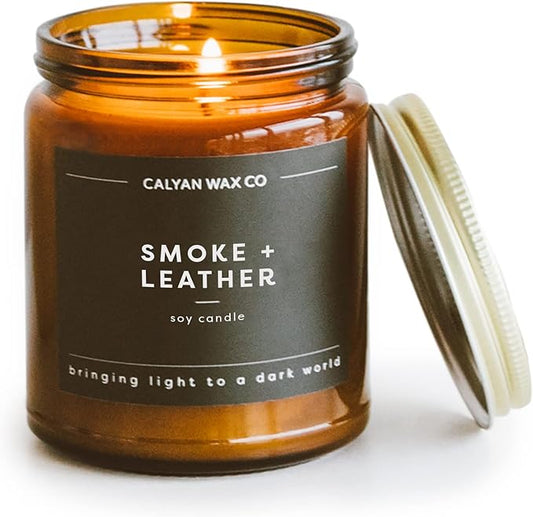 Calyan Wax Co. Smoke & Leather Scented Candle - 57 Hour Burn - Luxury Non Toxic Soy Wax Candles - Long Lasting Amber Glass Jar Candle for Home - 7.2oz