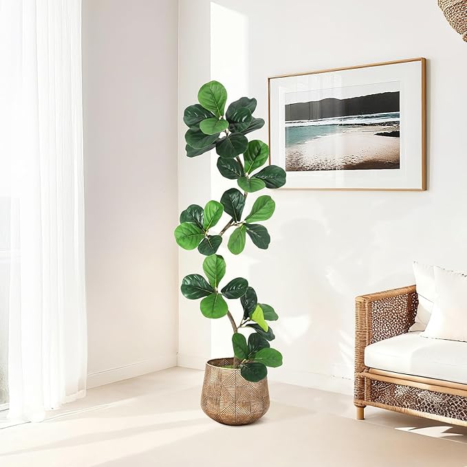 Garvee Fiddle Leaf Fig Tree 5ft Tall Artificial Tree with Grey Planter，Faux Floor Plant, Indoor Fake Plants for Home Office Decor