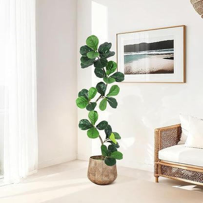 Garvee Fiddle Leaf Fig Tree 5ft Tall Artificial Tree with Grey Planter，Faux Floor Plant, Indoor Fake Plants for Home Office Decor