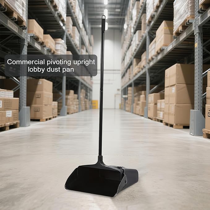 Pivoting Upright Dust Pan with Long Handle and Wheels, Large Capacity, Heavy Duty Commercial Dustpan for Indoor Outdoor, Standing Dust Pan for Home and Restaurant Cleaning, Black