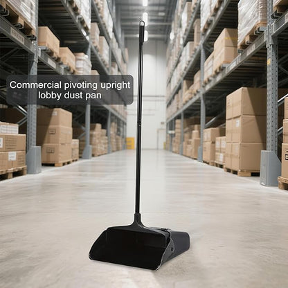 Pivoting Upright Dust Pan with Long Handle and Wheels, Large Capacity, Heavy Duty Commercial Dustpan for Indoor Outdoor, Standing Dust Pan for Home and Restaurant Cleaning, Black