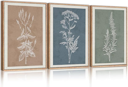 HLNIUC Neutral Botanical Framed Wall Art Set, Boho Minimalist Plant Canvas Wall Decor, Vintage Leaf Wall Painting, Nature Floral Silhouette Art Print for Bedroom, Living Room, Study - 24”x36”x3