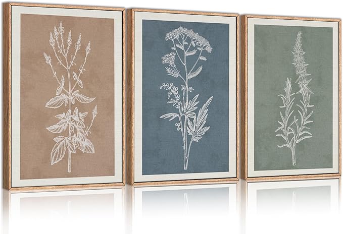 HLNIUC Neutral Botanical Framed Wall Art Set, Boho Minimalist Plant Canvas Wall Decor, Vintage Leaf Wall Painting, Nature Floral Silhouette Art Print for Bedroom, Living Room, Study - 16”x24”x3