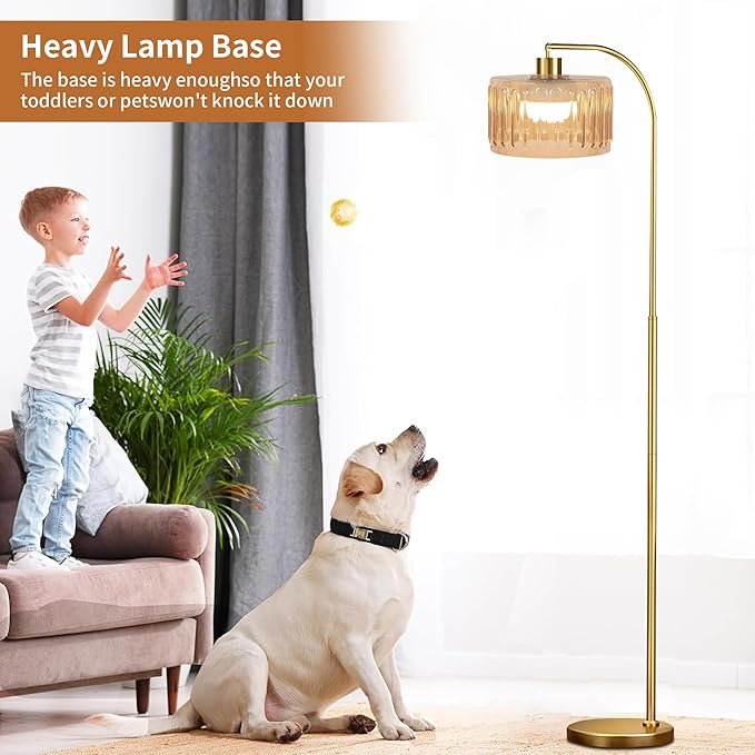 Gold Floor Lamp for Living Room,Bedroom,Mid Century Modern Standing Lamp with Remote,Dimmable Brass Tall Lamp Glass Lamp Vintage Retro Arc Floor Lamps Flower Floor Light Boho Bohemian