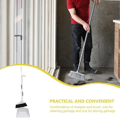 Broom and Dustpan Set Heavy Duty with Long Handle, Soft Bristle Broom and Large Dustpan for Home Cleaning, Pet Hair Removal, Indoor Floor Sweeping, White