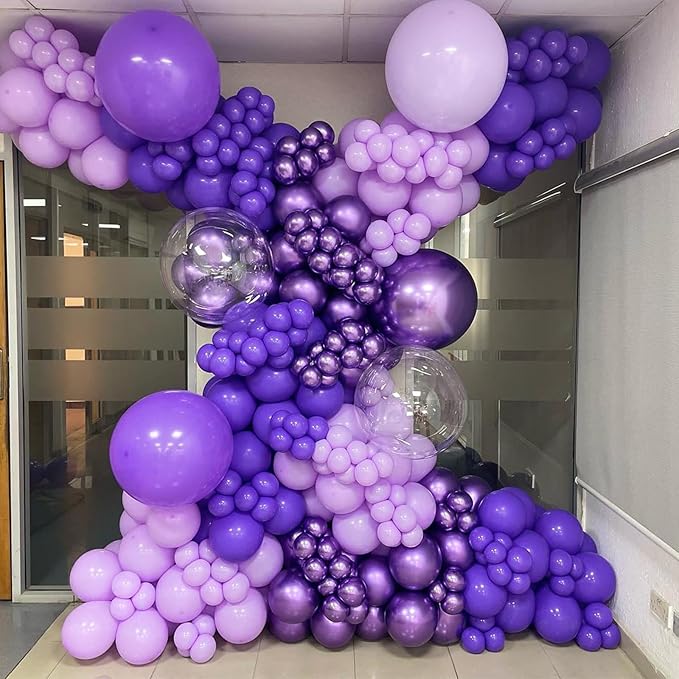 Metallic Purple and Premium Latex Lavender Lilac Balloons, 60 Pcs 12 Inch Purple Confetti Balloons with Purple Ribbons Set for Birthday Graduation Bridal Shower Wedding Party Decorations