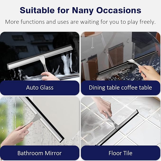 12'' Shower Squeegee, TOOVEM Shower Squeegee for Shower Doors for Glass Doors, Windows, Bathroom, Car Windshield, Silver