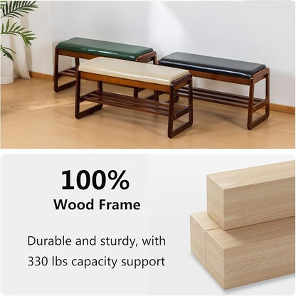 Solid Wood Shoe Bench, 2-Tier Entryway Bench with Cushion and Flip-Open Storage Box, Mid-Century Modern Shoe Bench Rack for Hallway, Mudroom(Green, 39.4'')