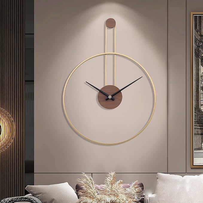 YISITEONE Large Decorative Wall Clock for Living Room,Metal & Walnut Dial Home Decor Silent Non Ticking Lightweight Clocks for Bedroom, Study, Office Decorations, 28.7''×21.6'',Gold