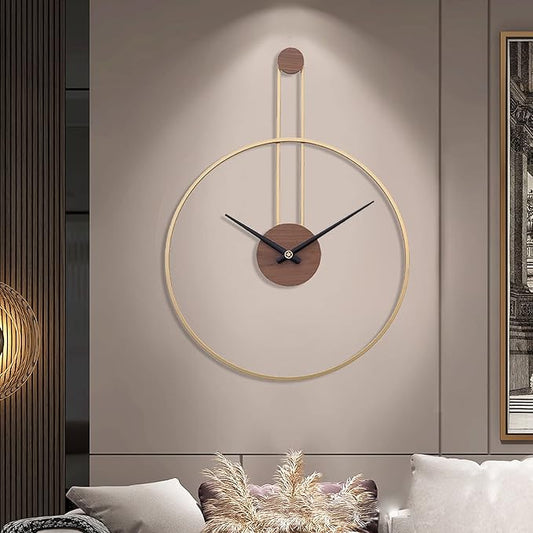 YISITEONE Large Decorative Wall Clock for Living Room,Metal & Walnut Dial Home Decor Silent Non Ticking Lightweight Clocks for Bedroom, Study, Office Decorations, 28.7''×21.6'',Gold