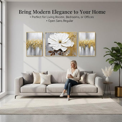 Hand-Painted Floral Canvas Oil Painting for Living Room,Framed 3D Gold and White Abstract Wall Art for Bedroom, Large 3 Pieces Flowerl Wall Painting for Office Kitchen Bathroom Home Decor 24x64 inches