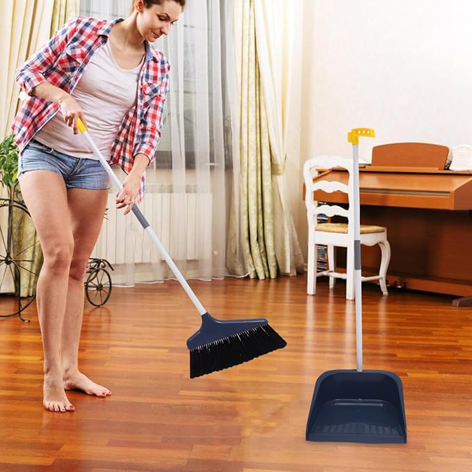 Broom and Dustpan Set Heavy Duty with Long Handle, Soft Bristle Broom and Large Dustpan for Home Cleaning, Pet Hair Removal, Indoor Floor Sweeping, White