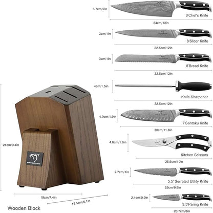 Damascus Knife Set with Block – 9-Piece VG10 67-Layer High Carbon Steel Kitchen Knives, Triple-Riveted Pakkawood Handles, Chef, Santoku, Utility, Bread & Paring Knives, Sharpener & Shears