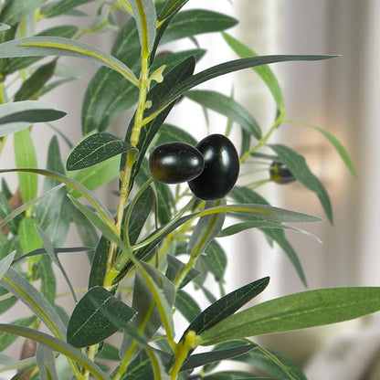 Artificial Olive Tree, 4FT Tall Faux Olive Trees 48in Outdoor Fake Potted Silk Plant with Trunk and Realistic 436 Leaves and 16 Fruits for Modern Office Home Decor（1pack）