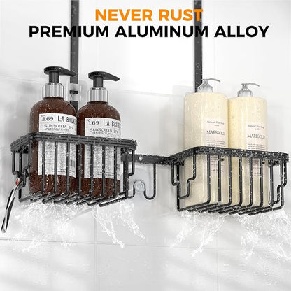 REINHARDT Aluminum Shower Caddy Hanging Adjustable Shower Caddy, Rustproof Hanging Shower Organizer with Hooks Soap Holders, Over Shower Head Caddy for Handheld Showerhead, Black
