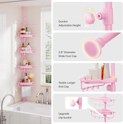 Sturdy Pink Corner Shower Caddy - 4 Tier Adjustable Organizer, Rustproof Stainless Steel, 32-122 Inch