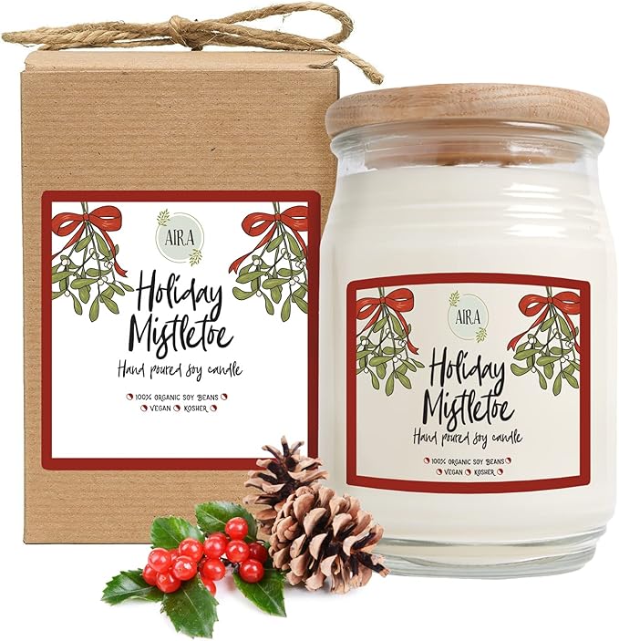 Aira Holiday Soy Candles - Organic, Kosher, Vegan, in Farmhouse Jar w/Essential Oil Blends - Hand-Poured 100% Soy Candle Wax - Paraffin Free, 150+ Hours - Holiday Mistletoe Christmas Candle -20 Ounce