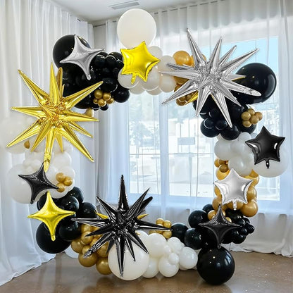 Black Gold Silver Star Balloon,16Pcs Star Foil Balloons Set with 22Inch Explosion Spike Cone Balloons and 10Inch Quadrangle Helium Balloon for Birthday Wedding Baby Shower Party Decorations