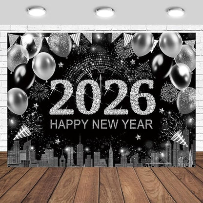 Silver 2026 Happy New Year Backdrop 7x5ft with Firework Balloon Decorations Photography Background New Year Eve Party Photo Studio Props