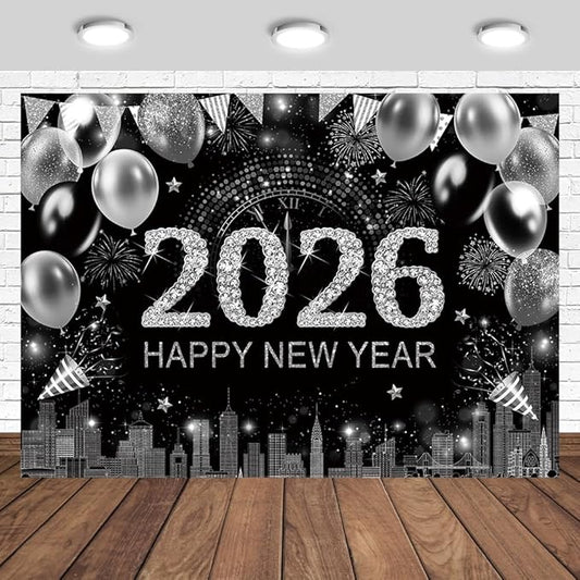 Silver 2026 Happy New Year Backdrop 7x5ft with Firework Balloon Decorations Photography Background New Year Eve Party Photo Studio Props