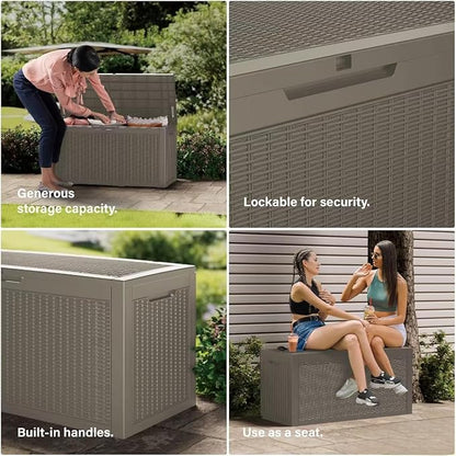 100 Gallon Resin Deck Box, Waterproof Outdoor Storage Bin for Patio Furniture, Pool Accessories, and Garden Tools, Lockable & UV-Resistant, Grey