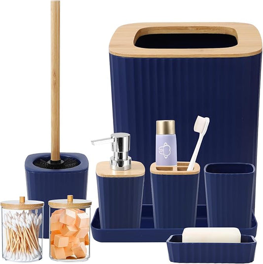 Blue Bathroom Set - Navy Blue Bathroom Accessories Set with with Trash Can,Toothbrush Holder,Toothbrush Cup,Soap Dispenser,Tray,Soap Dish,Toilet Brush,Qtip Holders for Bathroom Home Decor