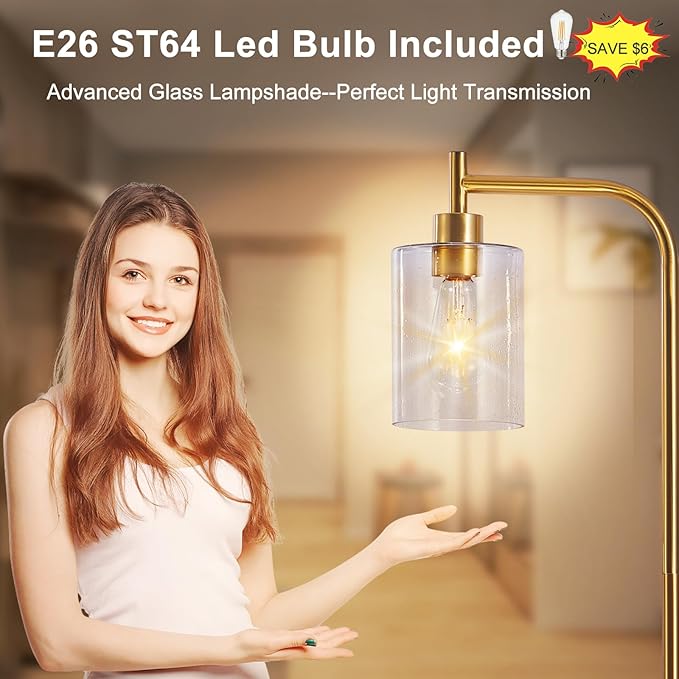 DLLT Floor Lamp Tall for Room: Gold Standing Lamp with Seeded Glass Lampshade for Living Room - Modern Bright Lamp for Bedroom - Industrial Corner Floor Lamps for Office 8W Led Bulb Included