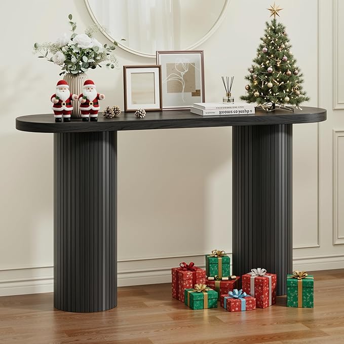 55 Inch Console Table, Fluted Entryway Table, Mid-Century Modern Sofa Table Behind The Couch, Hallway Tables, Curved Sofa Stand for Hallway, Living Room, Foyer Black