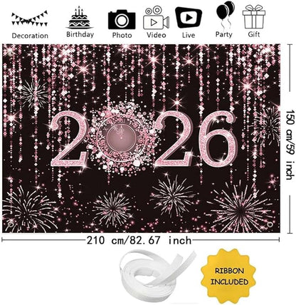 MEHOFOND 7x5 ft Black and Rose Gold 2026 New Year Backdrop Cheers to 2026 Photography Background Hello 2026 Fireworks Dripping Glitter Dots Clock Decor Time to 2026 New Year Eve Cake Smash Photo Props