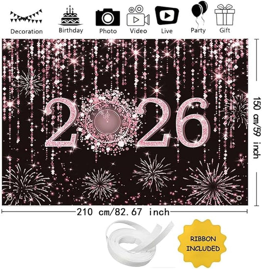 MEHOFOND 7x5 ft Black and Rose Gold 2026 New Year Backdrop Cheers to 2026 Photography Background Hello 2026 Fireworks Dripping Glitter Dots Clock Decor Time to 2026 New Year Eve Cake Smash Photo Props