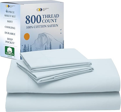 California Design Den Cotton Bed Sheets Queen Size Set - Luxury Hotel 800 Thread Count Sateen, Natural 100% Cotton Sheets Queen Size Set, Durable Deep Pockets with Anti-Skid Elastic - Light Blue