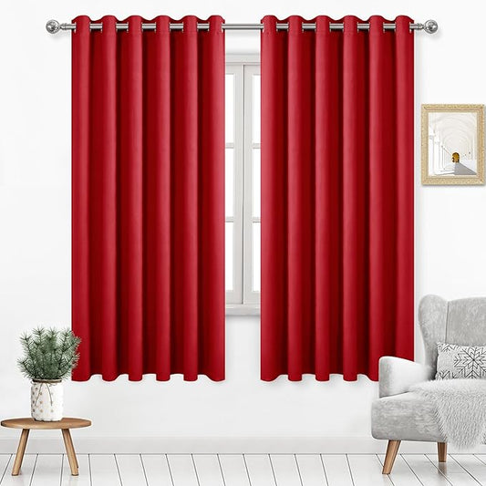 DWCN Red Curtain 63 Inches Long, 70 Wide Inch Blackout Drapes for Bedroom, Solid Thermal Living Room Panels - Red, W70 x L63 Inch, Set of 2