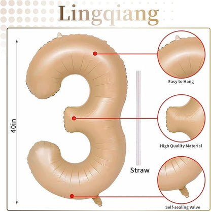 Apricot Number 3 Balloon for Girls Boys, 40 Inch Large Nude Number 0-9 Foil Balloons Set, Tan Digital 3 Balloons for Women Men Birthday Graduation Anniversary Party Decorations Celebration Supplies