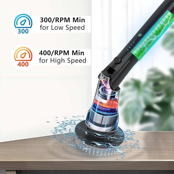 Electric Spin Scrubber, Hillyfe Bath Scrubber for Cleaning with 7 Replaceable Brush Heads, IPX7 Waterproof,300/400 RPM, 3 Adjustable Size,Cordless Shower Cleaner Brush for Bathroom Floor,Black