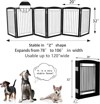 ZJSF Freestanding Foldable Dog Gate for House Extra Wide Wooden Black Indoor Puppy Gate Stairs Dog Gates Doorways Tall Pet Gate 6 Panels Fence