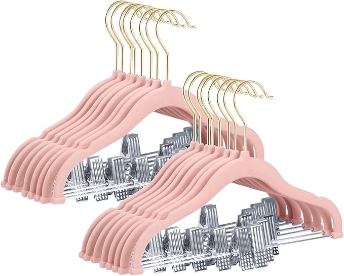 Stormix Baby Hangers, 24 Pack Pants Hangers with Clips, Non-Slip Clothes Hangers, Heavy-Duty Kids Hangers for Shirts, Pants, Skirts, Dresses, Jackets, Coat Pink (Gold Hook)