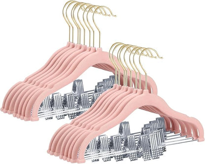 Stormix Baby Hangers, 24 Pack Pants Hangers with Clips, Non-Slip Clothes Hangers, Heavy-Duty Kids Hangers for Shirts, Pants, Skirts, Dresses, Jackets, Coat Pink (Gold Hook)