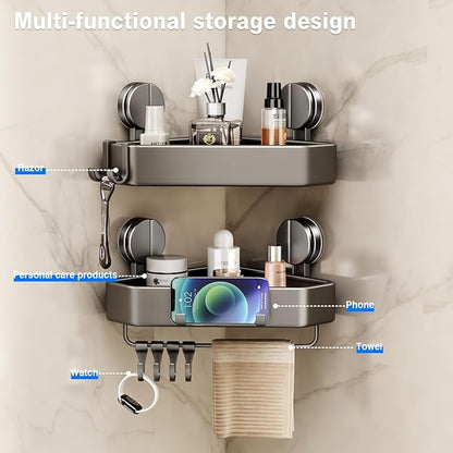 Suction Cup Shower Caddy Corner, 2 Pack Suction Corner Shower Shelves No Drilling, Rustproof Shower Organizer Suction Cup with Towel Holder & Hooks Removable Bathroom Storage Rack(Gray)