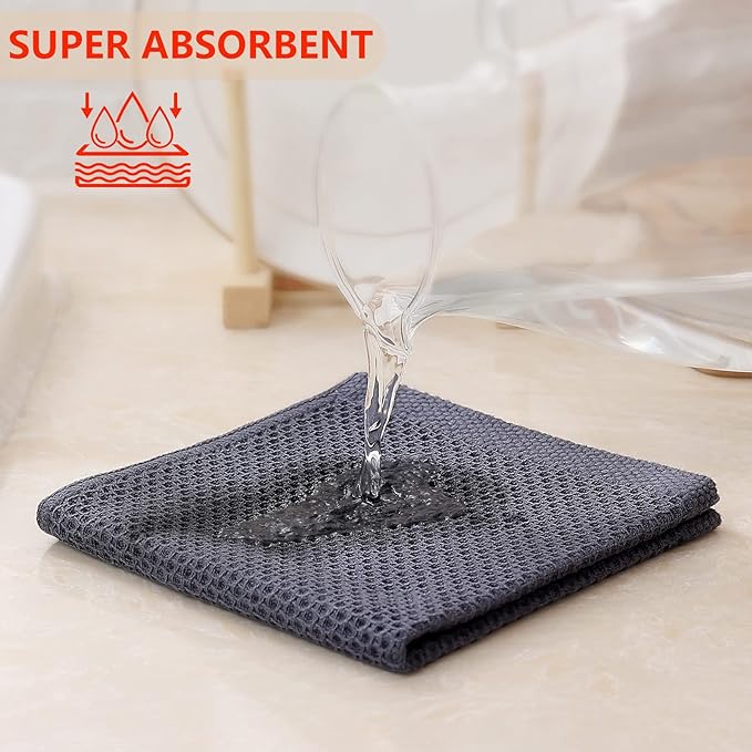 Kitinjoy 100% Cotton Kitchen Dish Cloths, 6 Pack Waffle Weave Ultra Soft Absorbent Dish Towels for Drying Dishes Quick Drying Kitchen Towels Dish Rags, 12 X 12 Inches, Dark Grey
